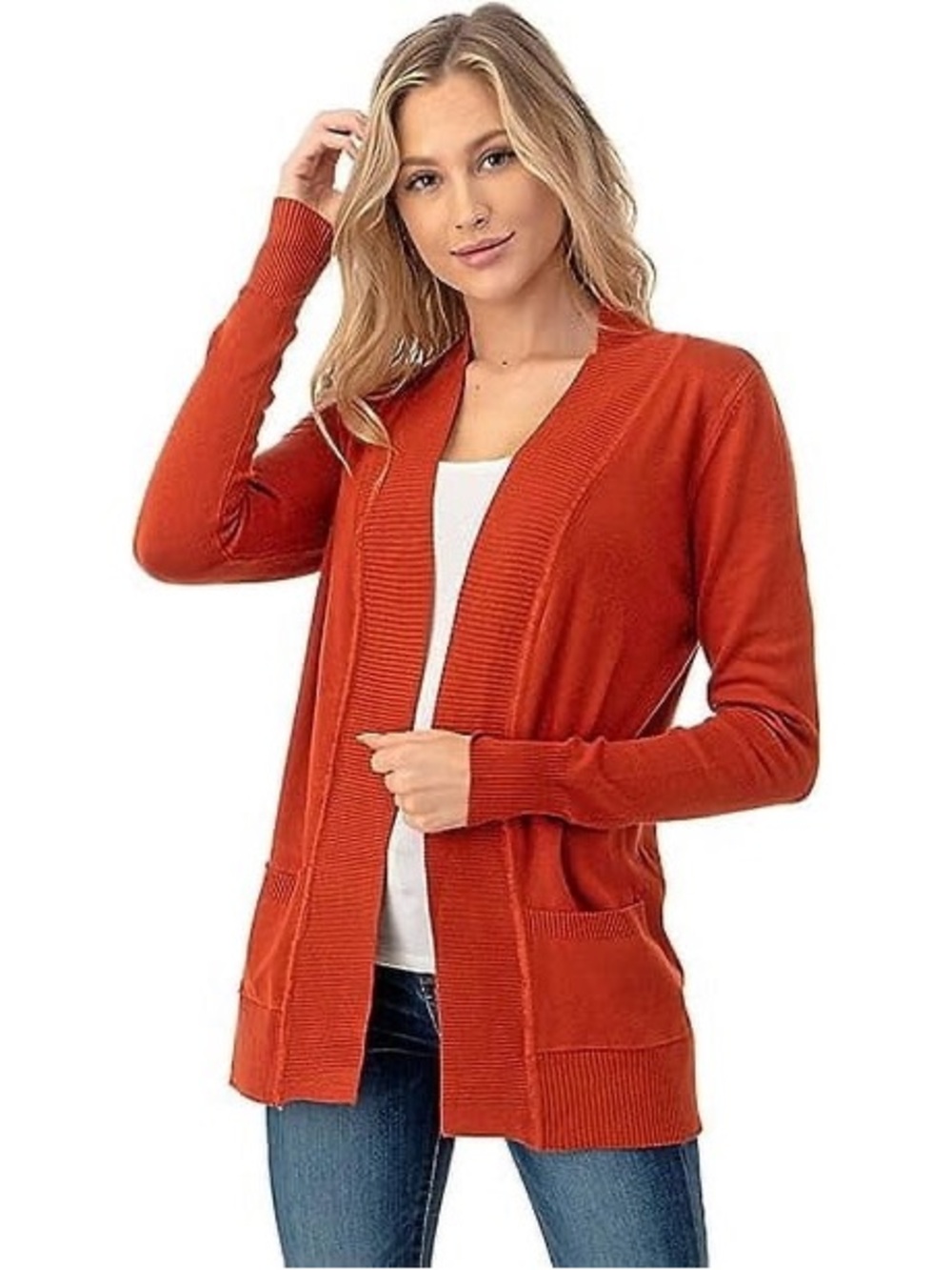 Cielo Open-Front Rust Cardigan Sweater with Pockets Large
